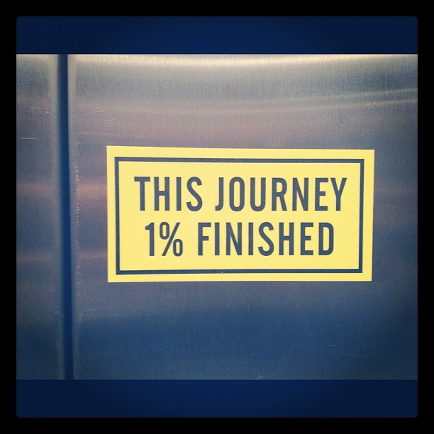 A yellow sign reads this journey is 1% finished